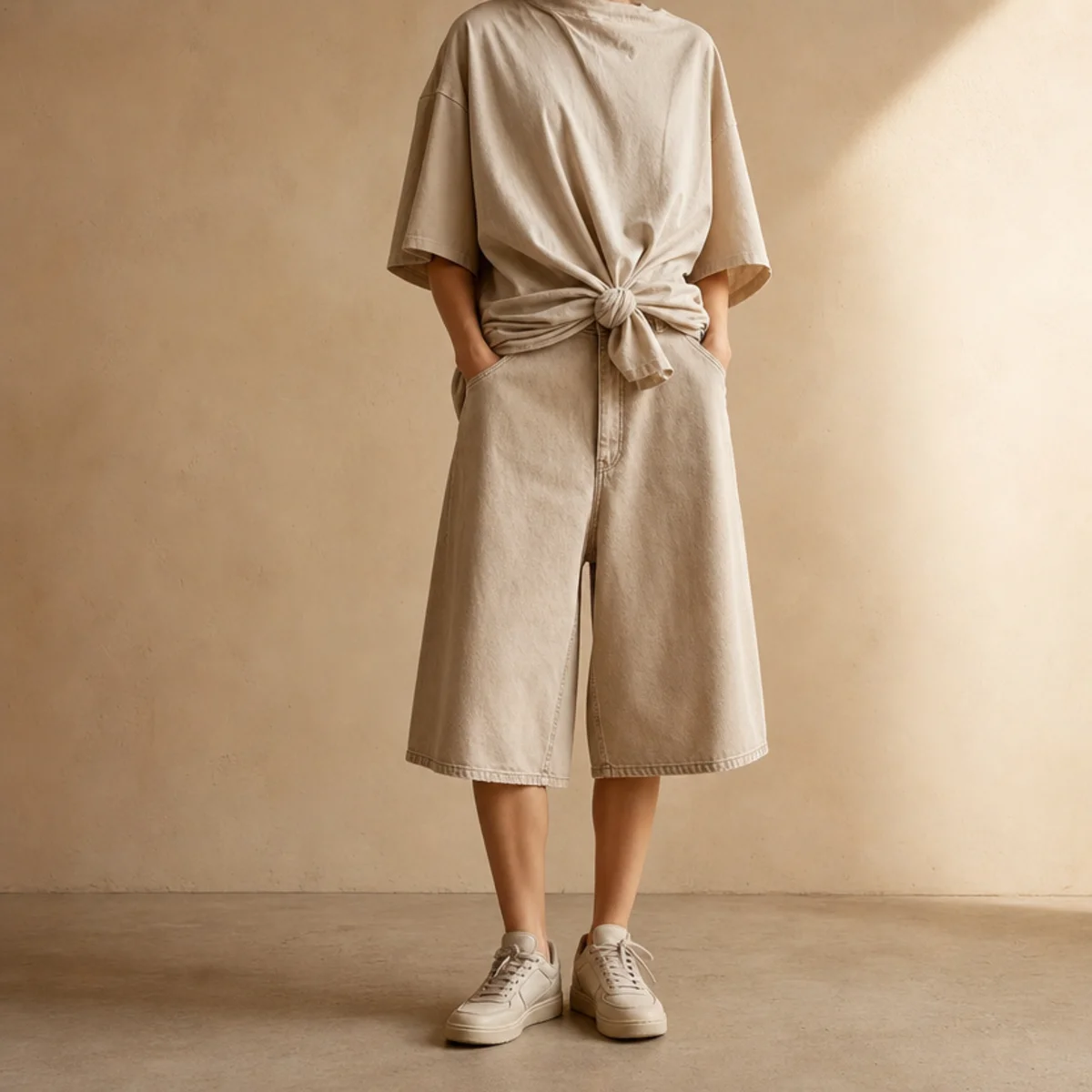 Faceless waist-down shot of oversized jorts with a knotted oversized tee and sneakers