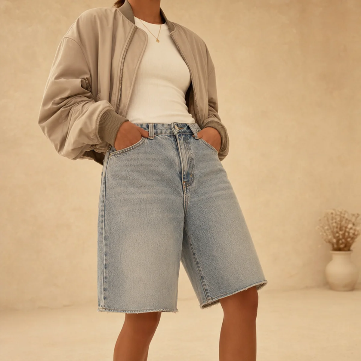 Faceless waist-up shot of a bomber jacket over a fitted top with oversized denim jorts