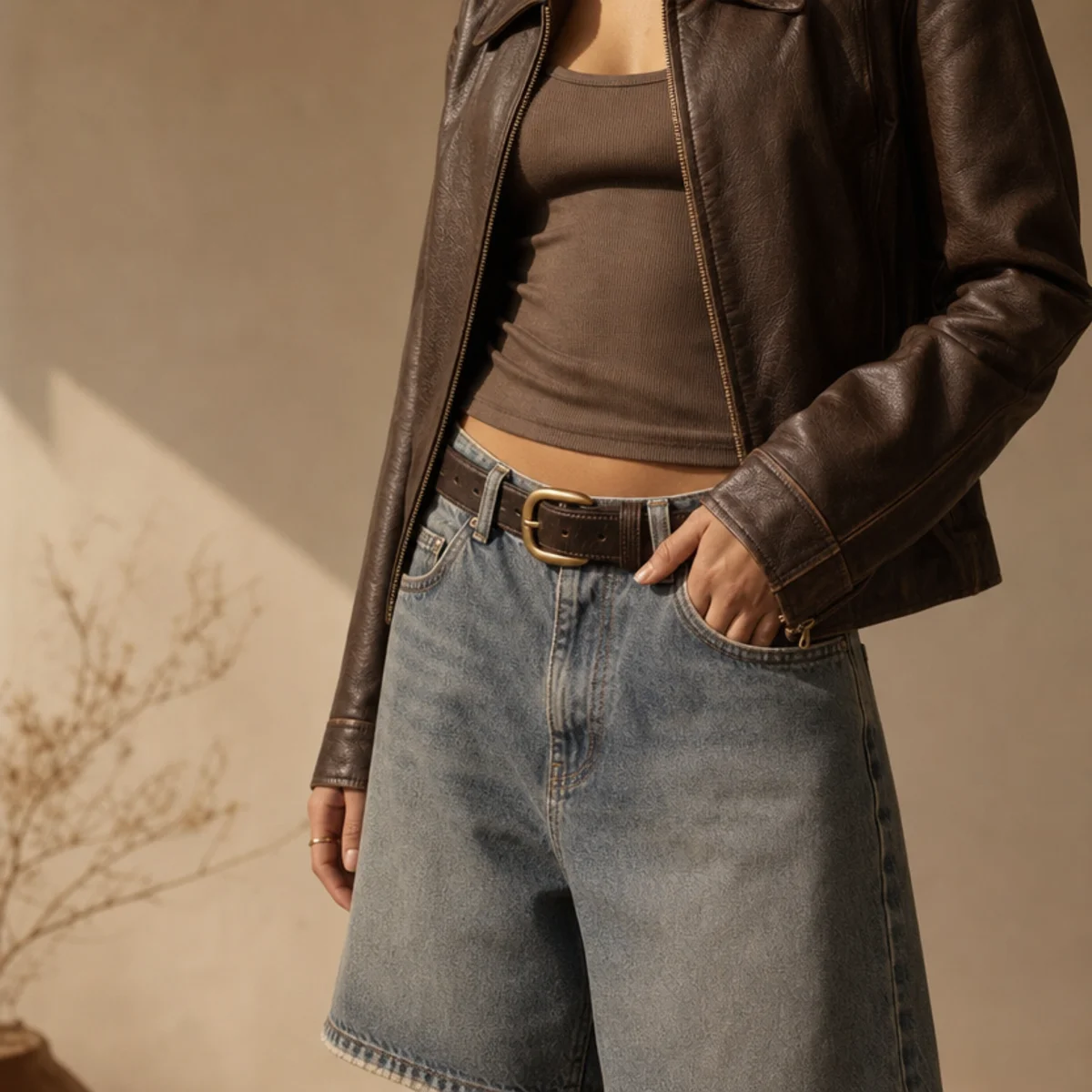 Faceless waist-up shot of a fitted leather jacket over a top with oversized denim jorts