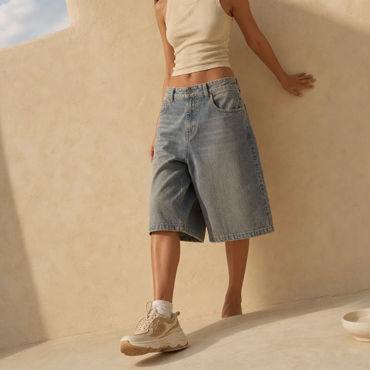 Faceless full-length shot of oversized denim jorts with a fitted tonal top and one statement sneaker