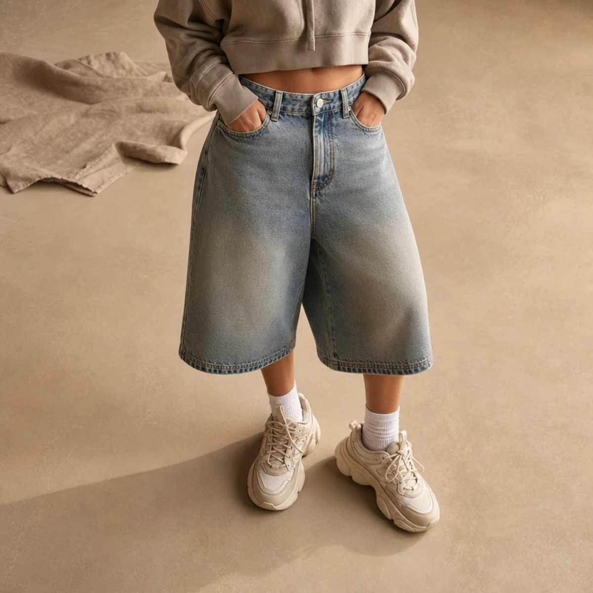 Faceless waist-down shot of oversized denim jorts with a cropped hoodie and chunky sneakers
