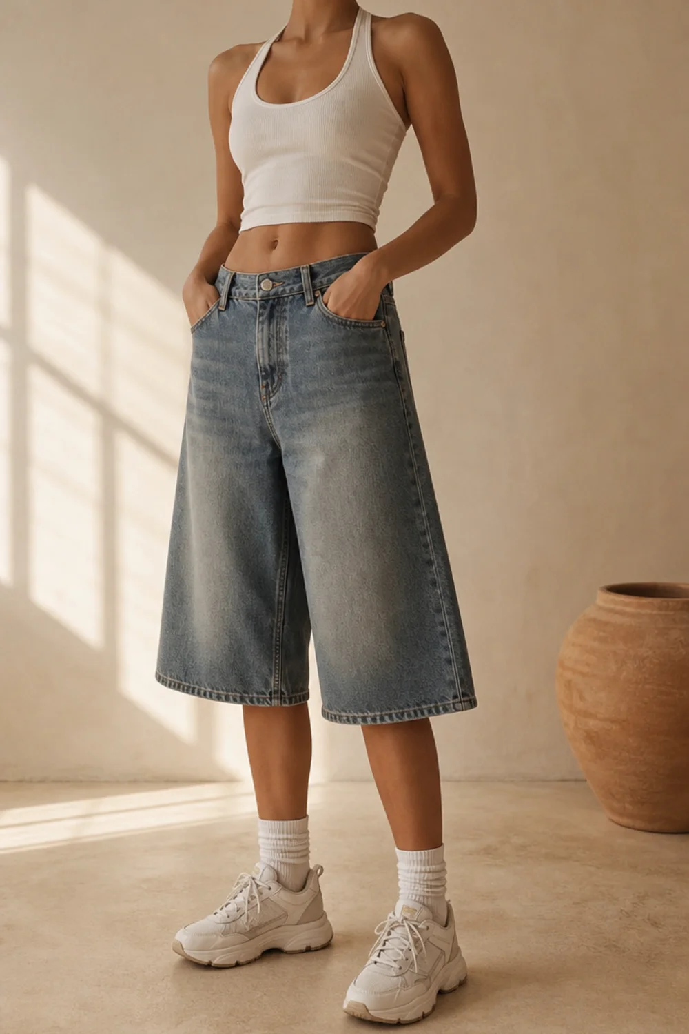 Faceless oversized jorts street-style outfit with an oversized jacket and chunky sneakers