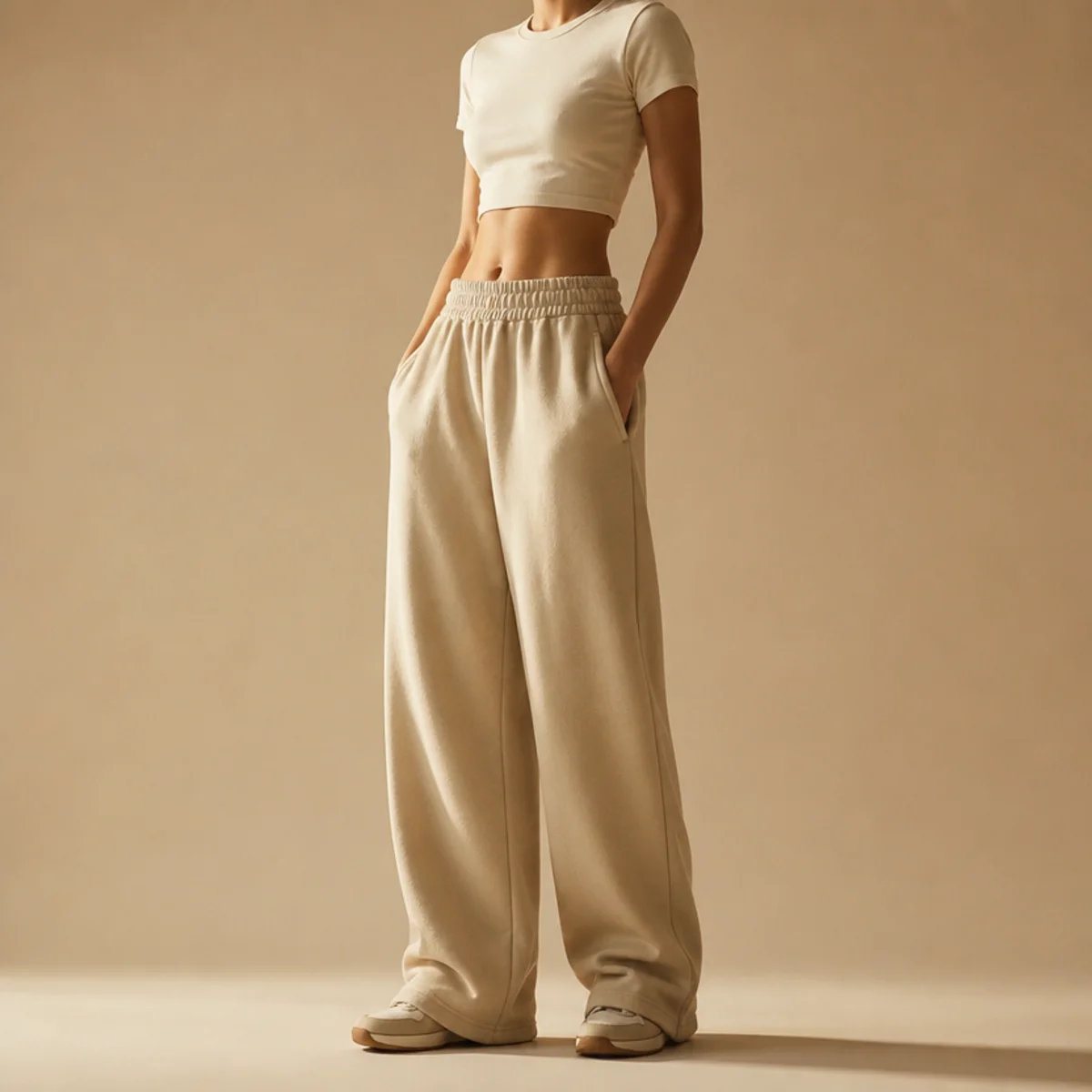 Faceless waist-down shot of high-waisted baggy sweatpants with a cropped tee