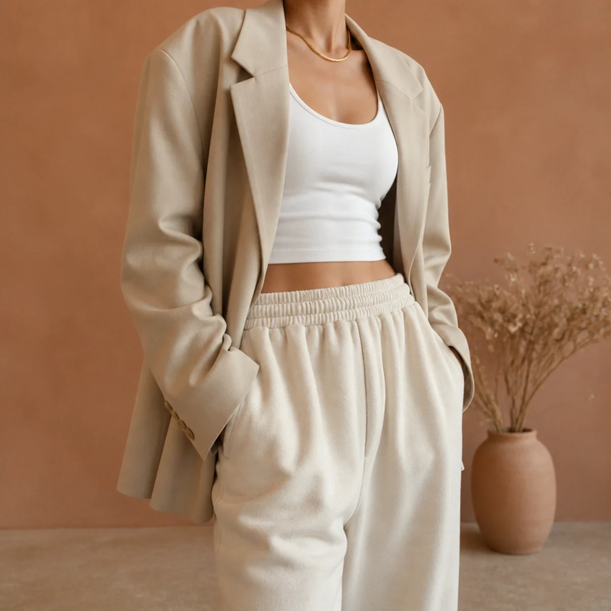 Faceless waist-up shot of an oversized blazer over a fitted tank with baggy sweatpants