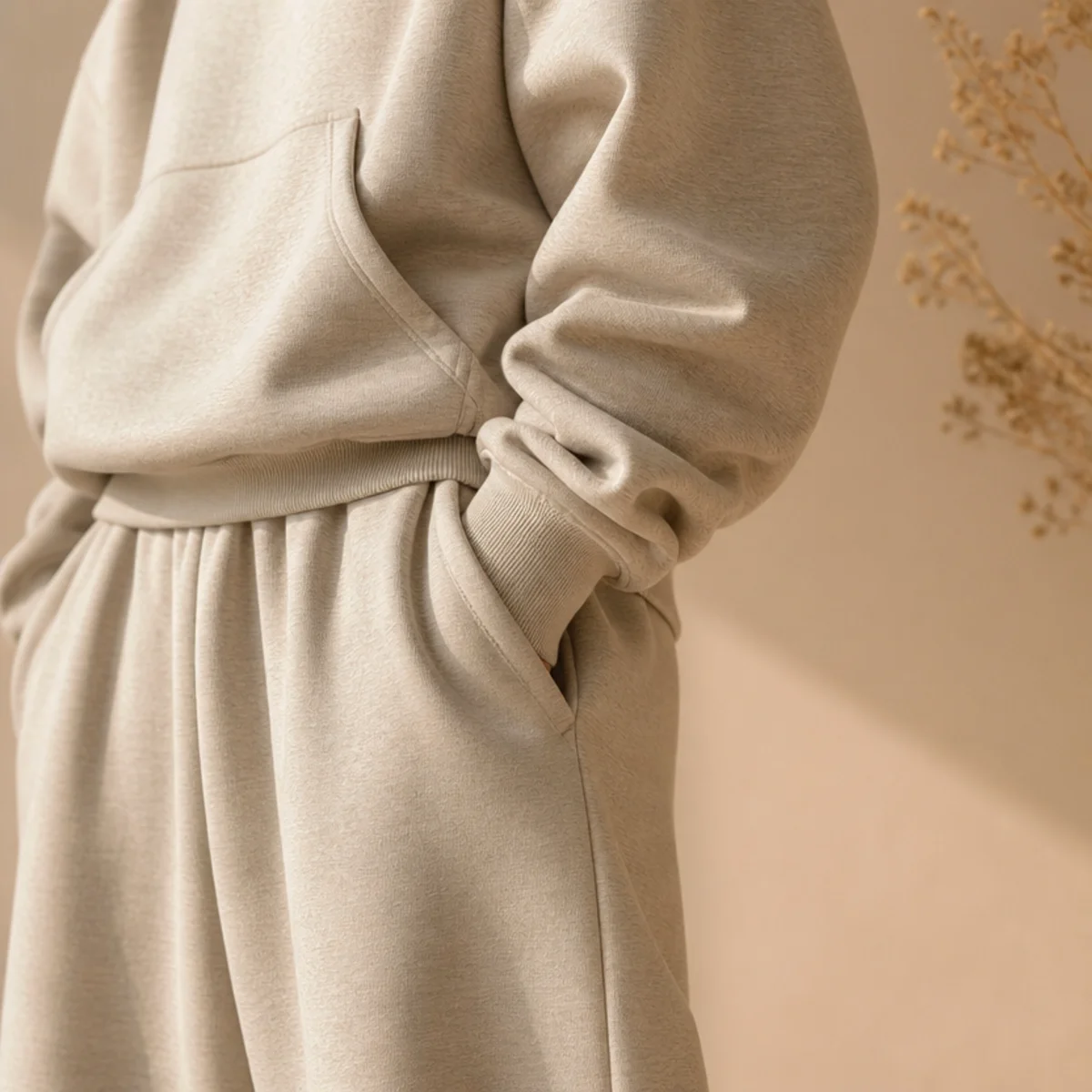 Faceless full-length shot of a tonal oversized hoodie and baggy sweatpants in one colour