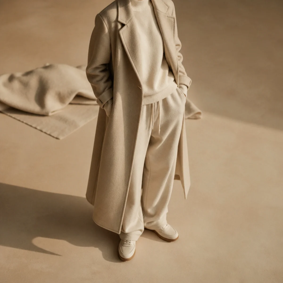 Faceless full-length shot of a long wool coat worn open over baggy sweatpants