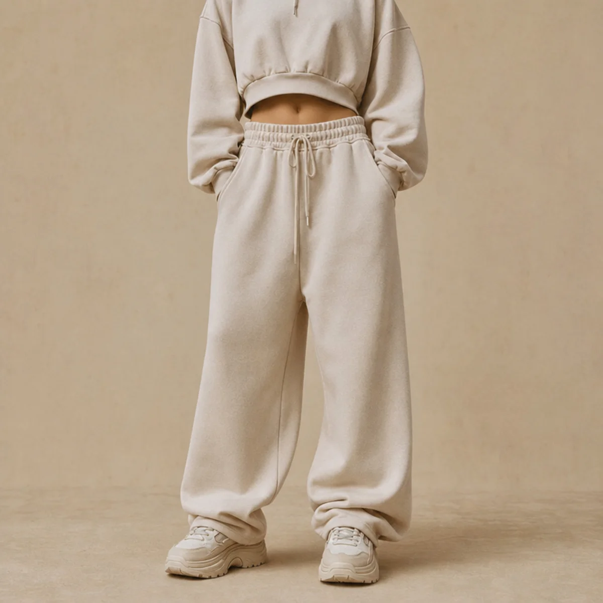 Faceless waist-down shot of baggy sweatpants with a cropped hoodie and chunky sneakers