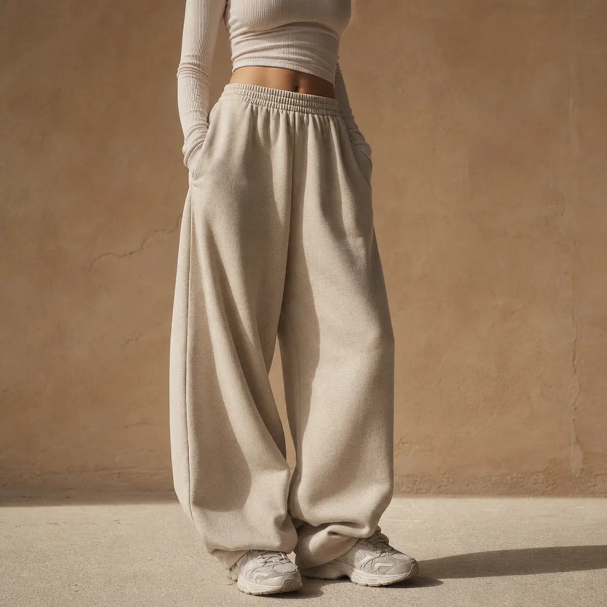 Faceless waist-down editorial shot of baggy oversized sweatpants with a fitted top and trainers