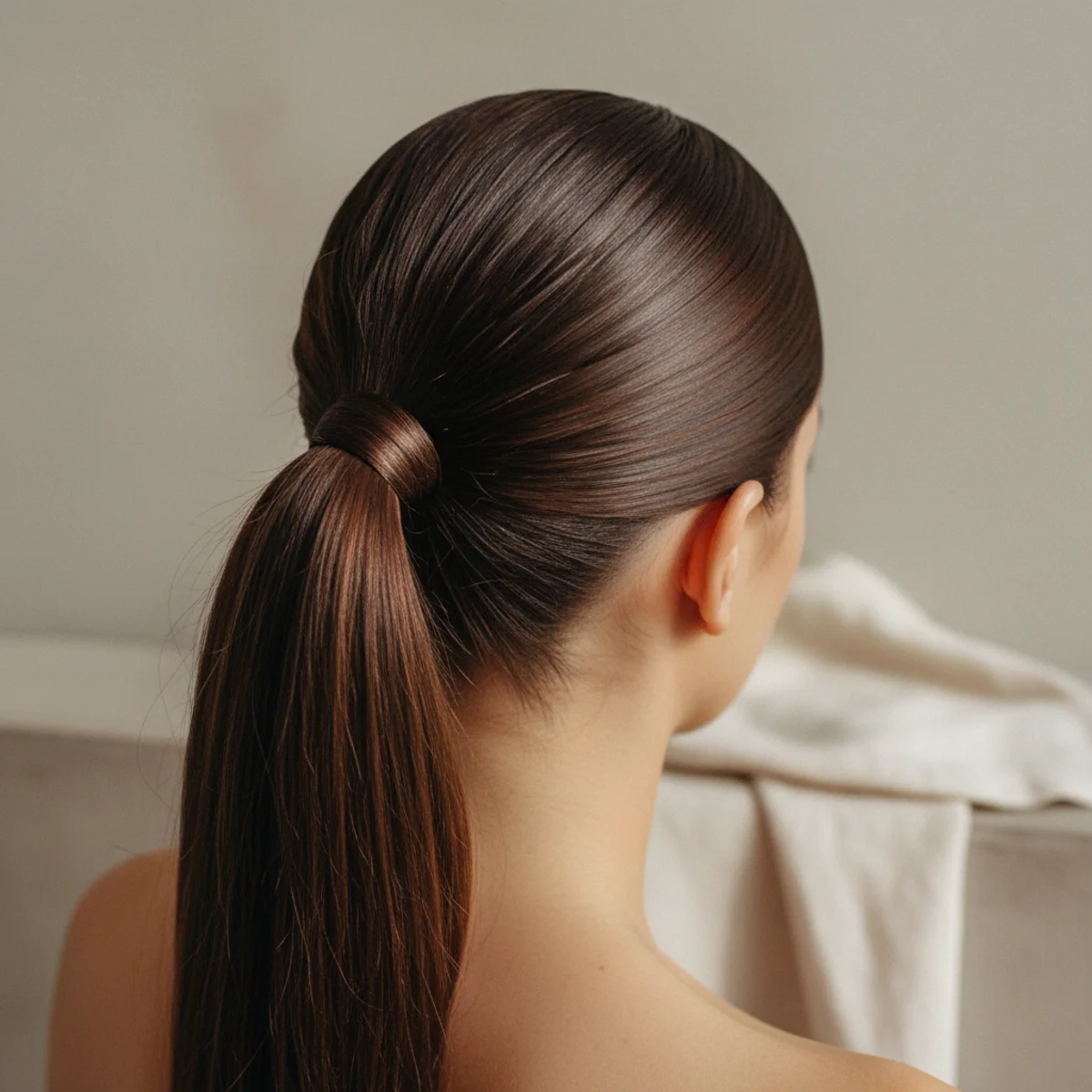 Back view of a polished sleek high ponytail with no flyaways and a glossy smooth finish