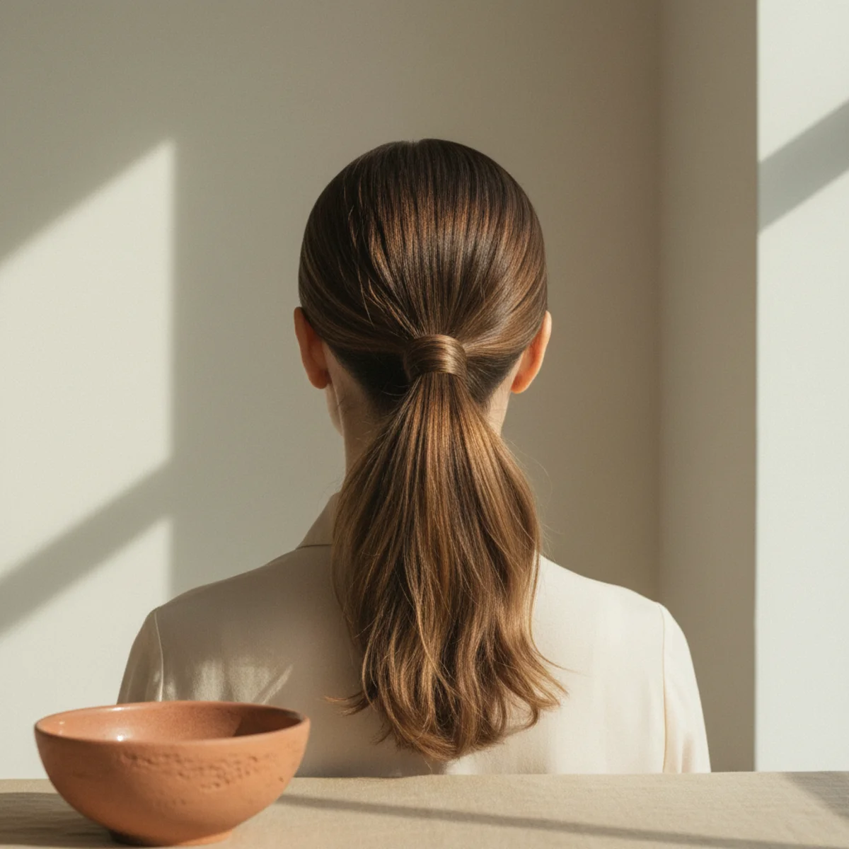 Back view of a mid-height ponytail with a small hair section wrapped neatly around the elastic