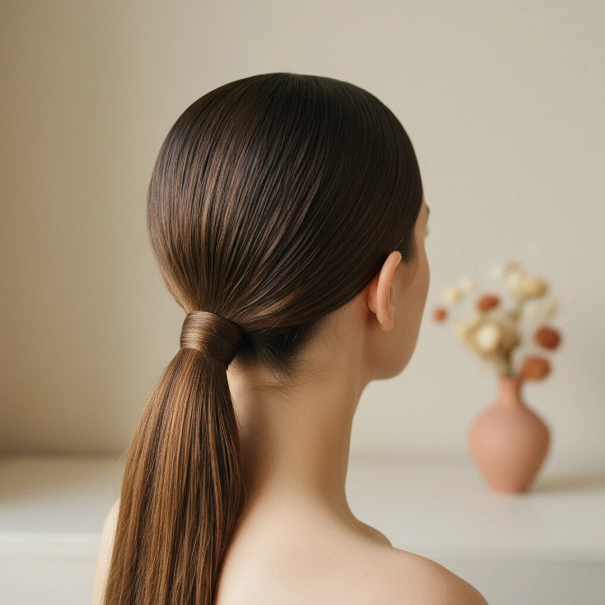 Back view of a low smooth ponytail gathered at the nape with a clean polished finish