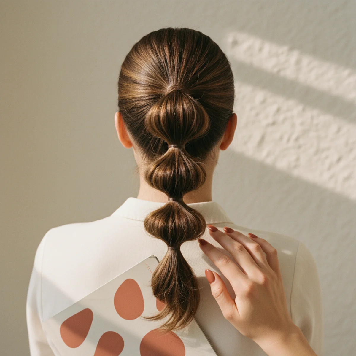 Back view of a playful bubble ponytail with evenly spaced elastics creating rounded sections