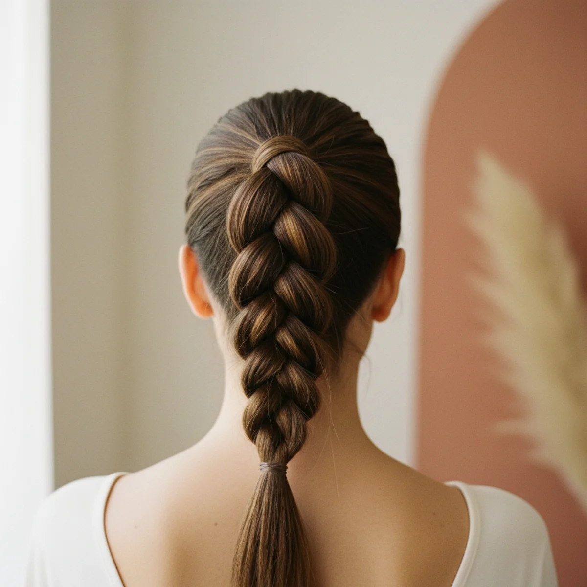 Back view of a high ponytail with the length braided into a neat three-strand plait