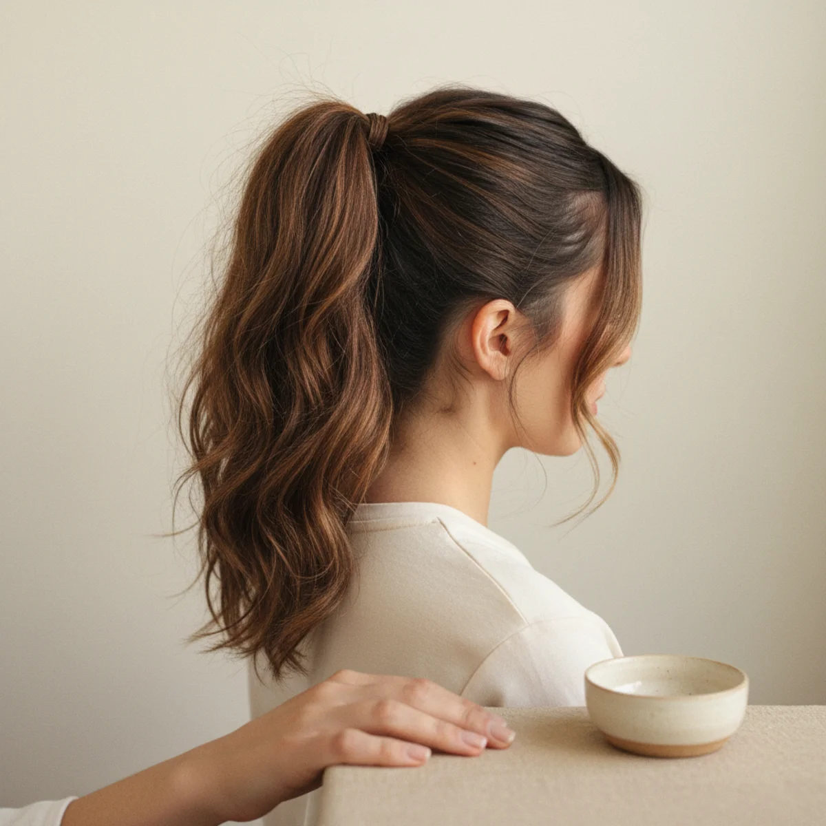 Side view of a high ponytail with wavy tousled lengths and loose face-framing pieces
