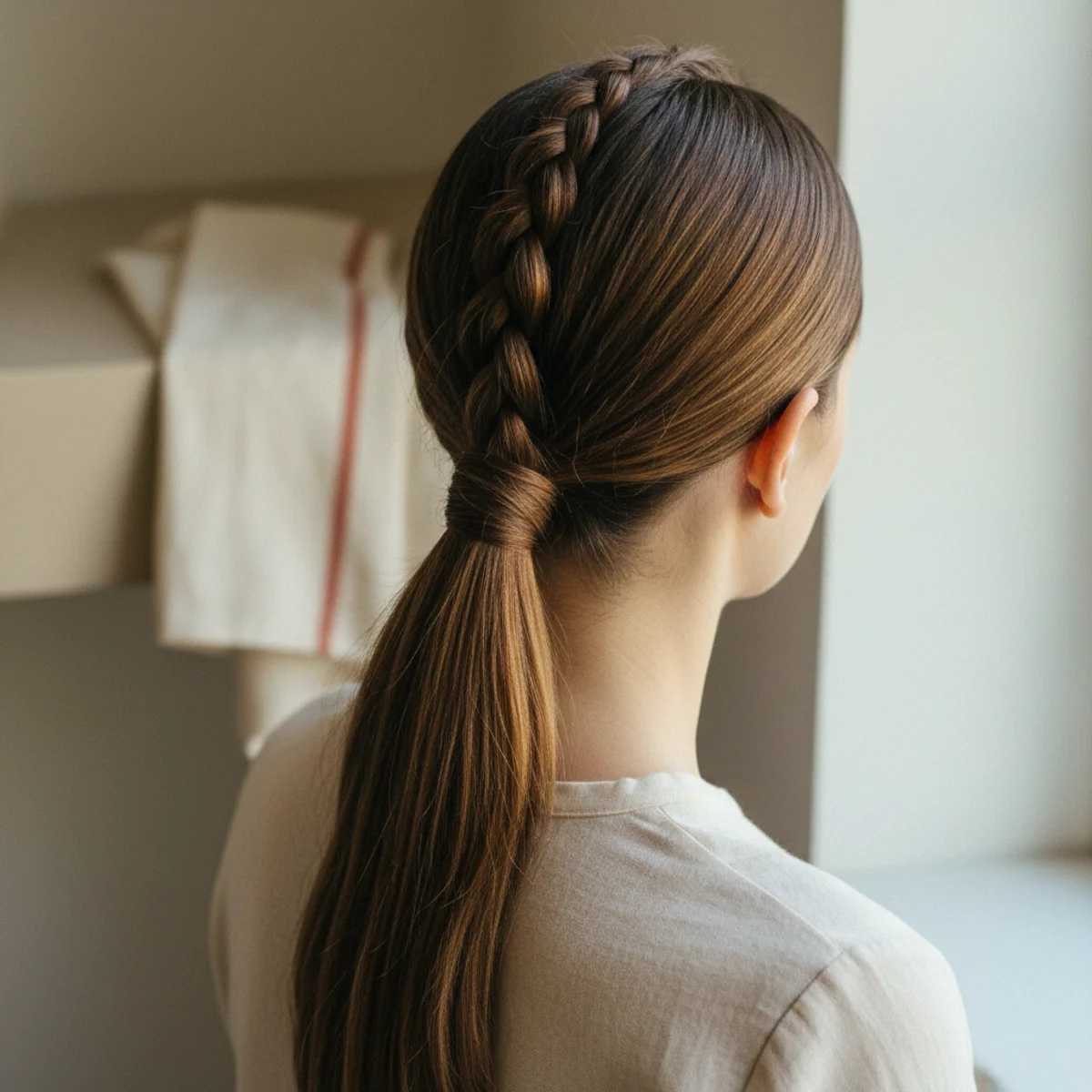 Back view of hair with a small braided section at the crown leading into a low ponytail