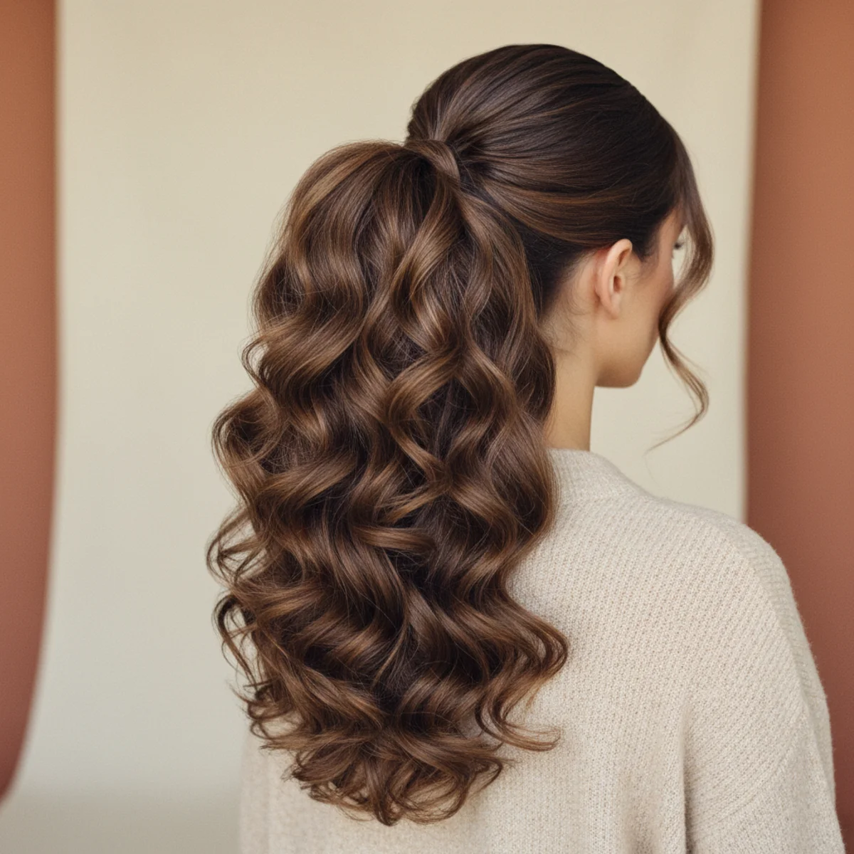 Side view of a ponytail with full blowout volume at the lengths, bouncy and glossy