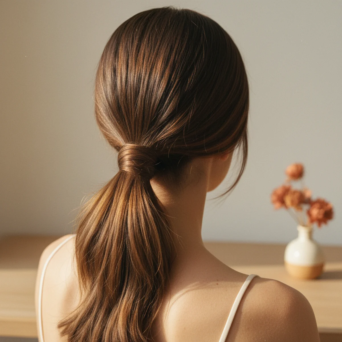 Back view of a low ponytail with the length twisted into a soft loose knot at the nape