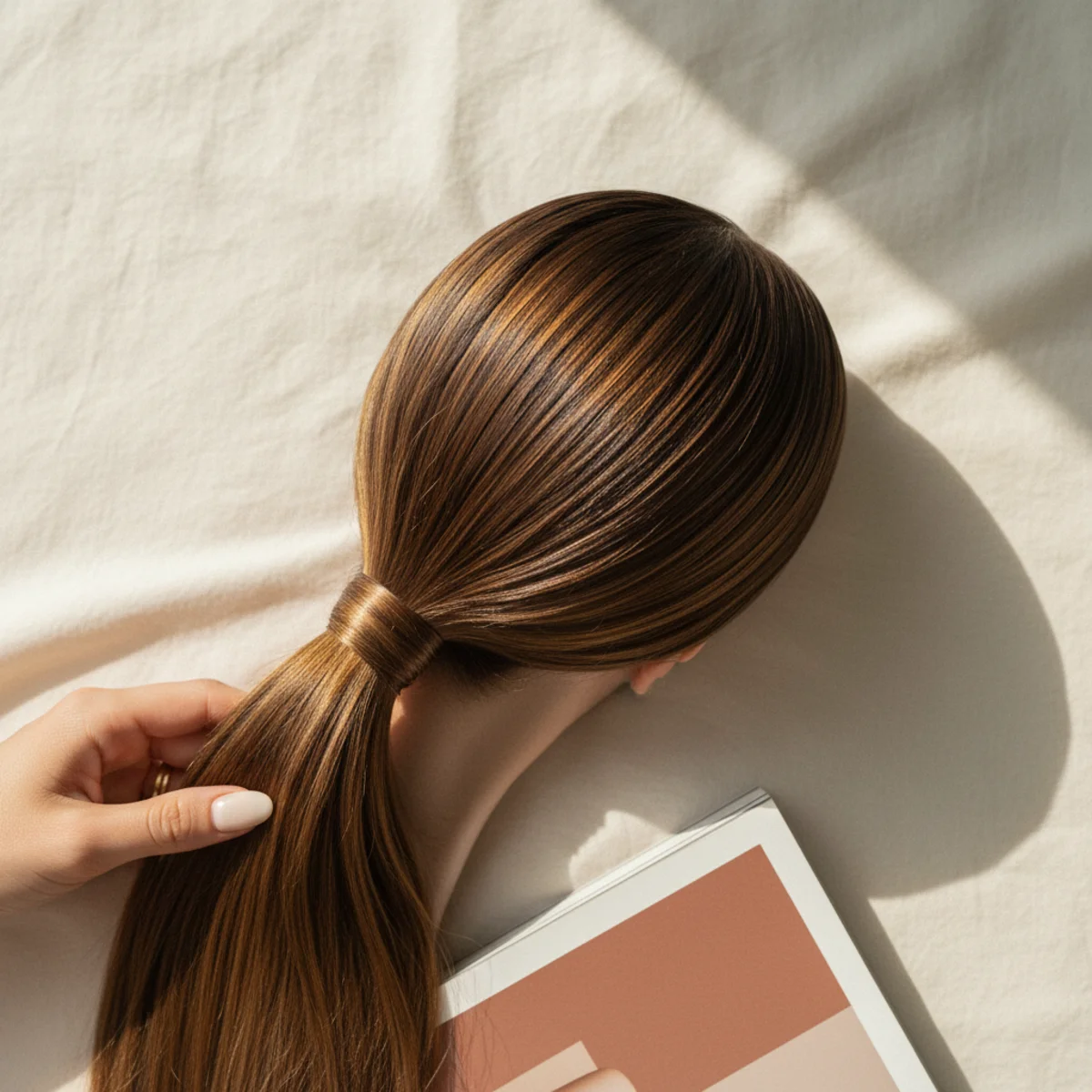 Side view of a polished low ponytail gathered to one side at the nape