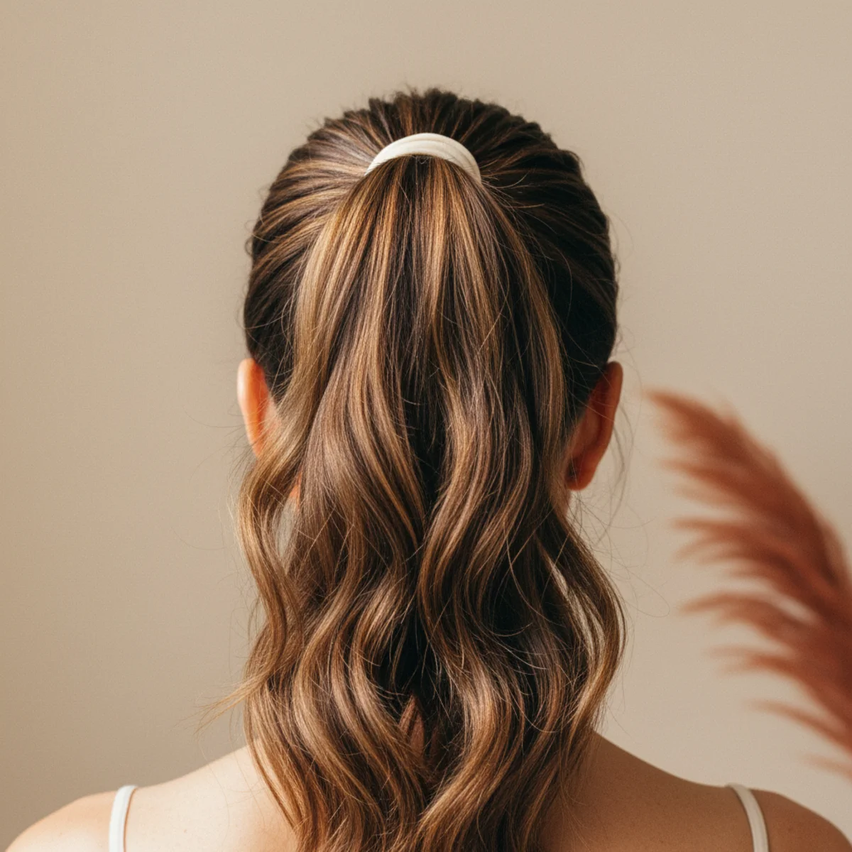 Back view of a secure high ponytail with natural texture suited to active wear