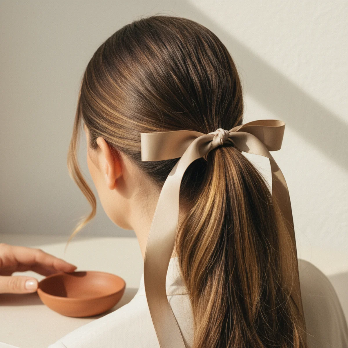Back view of a mid-height ponytail with a thin satin ribbon tied around the base in a bow