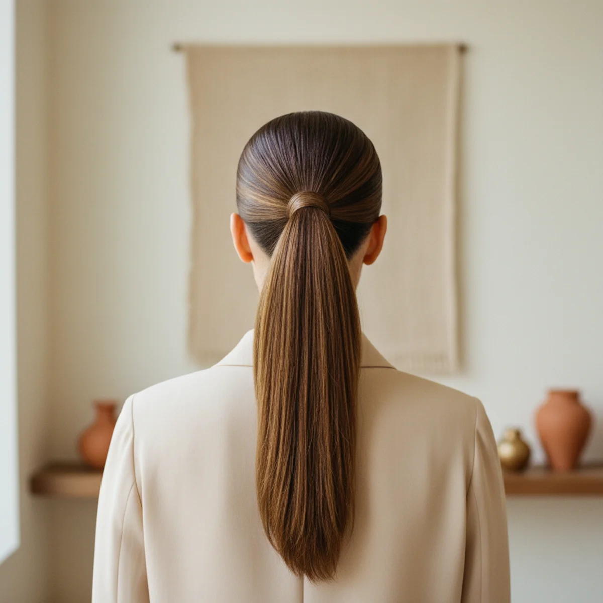 Back view of a sleek high ponytail with a smooth glossy finish in bright natural light