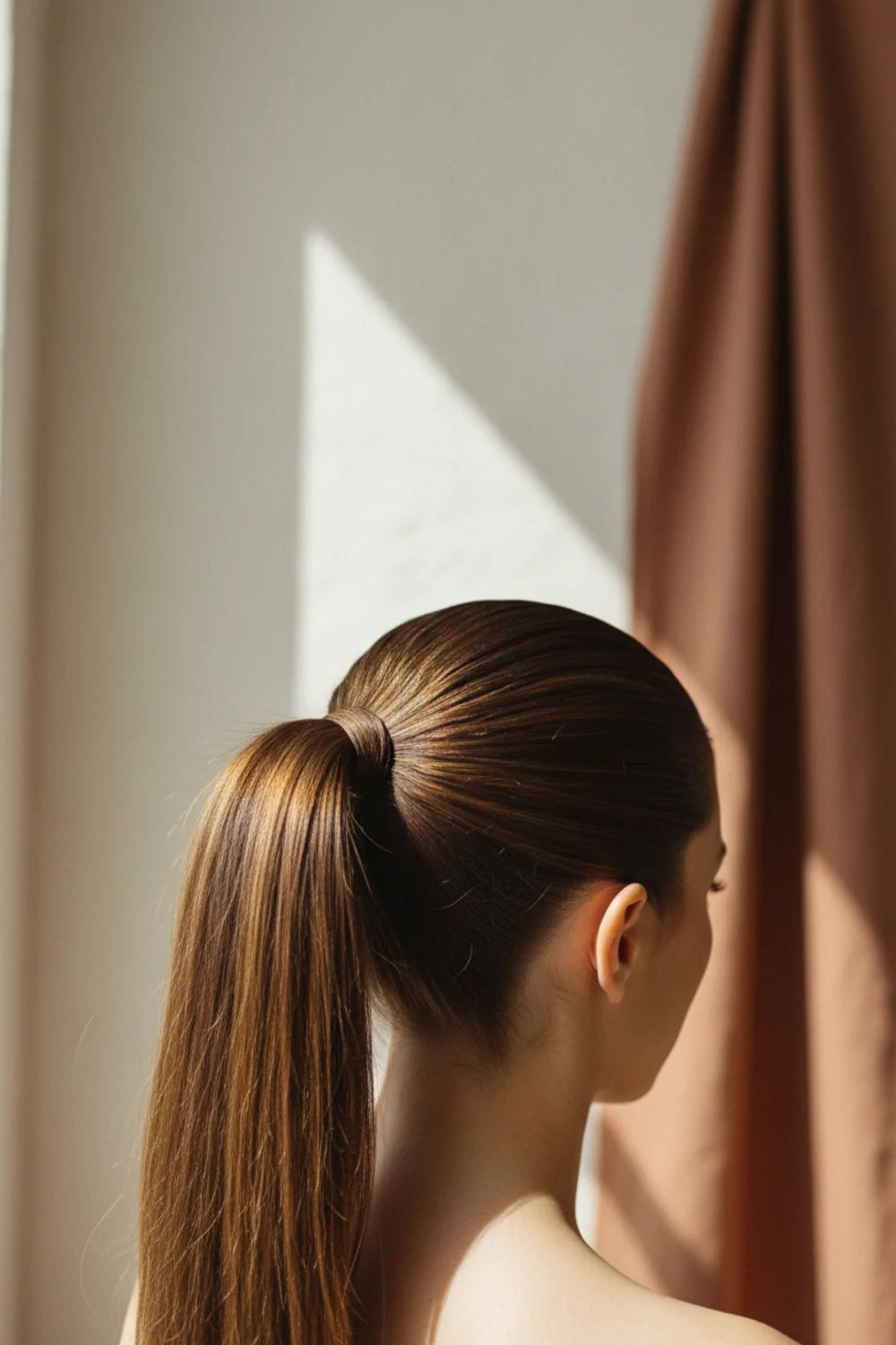 Back view of a polished high ponytail wrapped with a small section of hair, clean and sleek