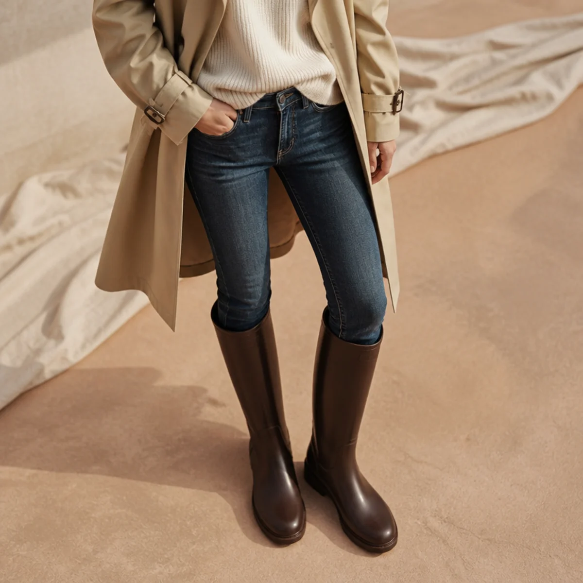 Faceless full-length shot of tall rain boots with slim jeans tucked in, a knit and a trench