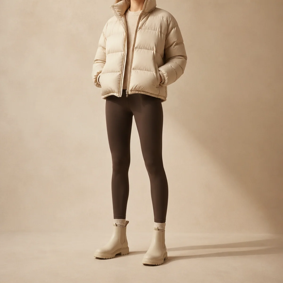 Faceless full-length shot of short rain boots with leggings and a puffer jacket