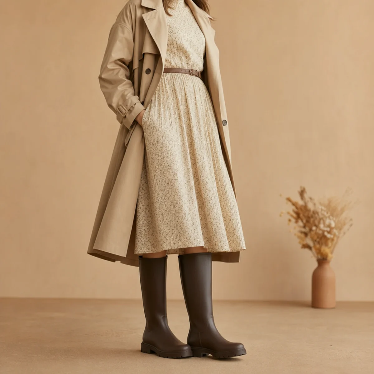 Faceless full-length shot of tall rain boots with a midi dress and a trench