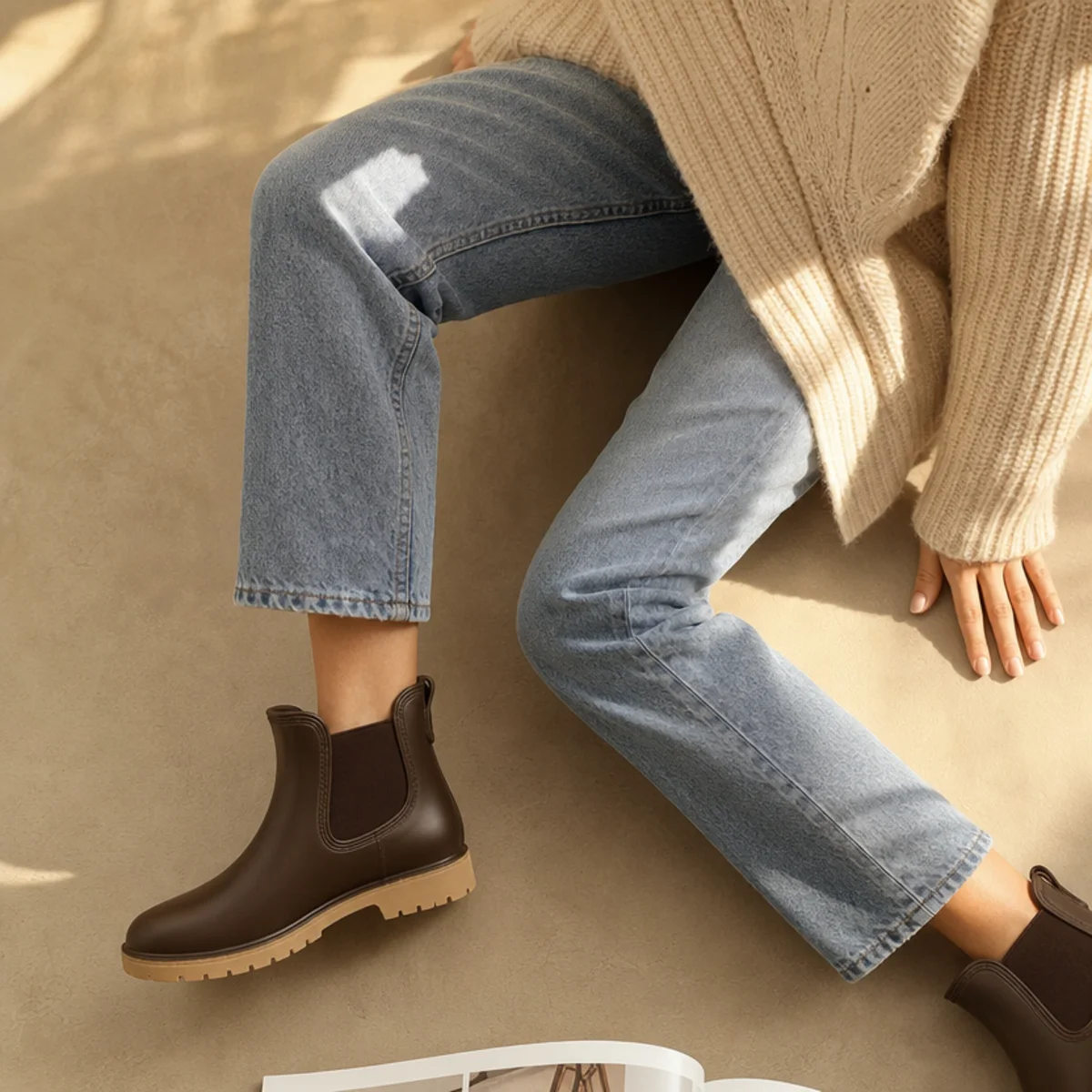 Faceless full-length shot of short rain boots with straight jeans and a chunky knit