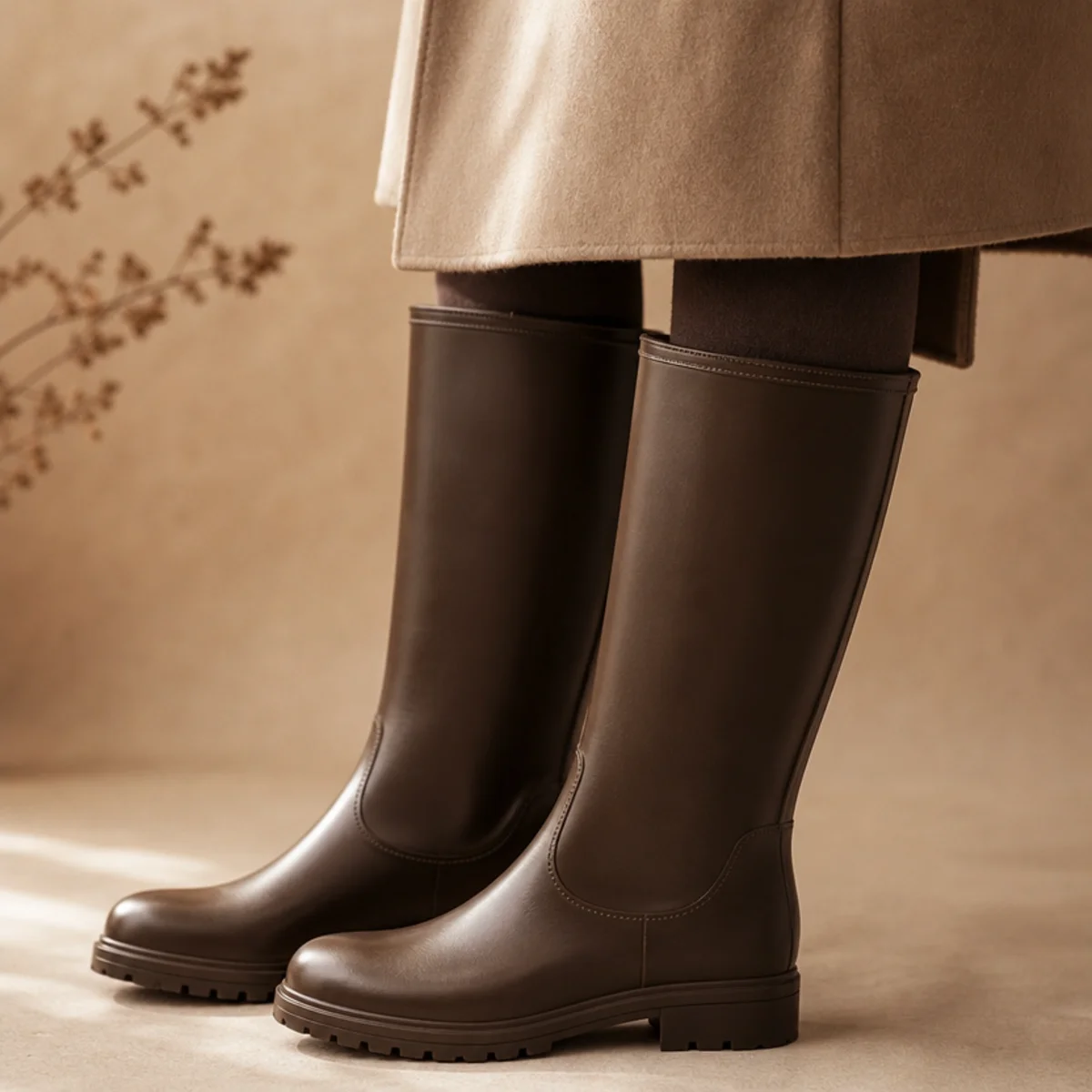 Faceless full-length shot of tall rain boots with a skirt, tights and a coat