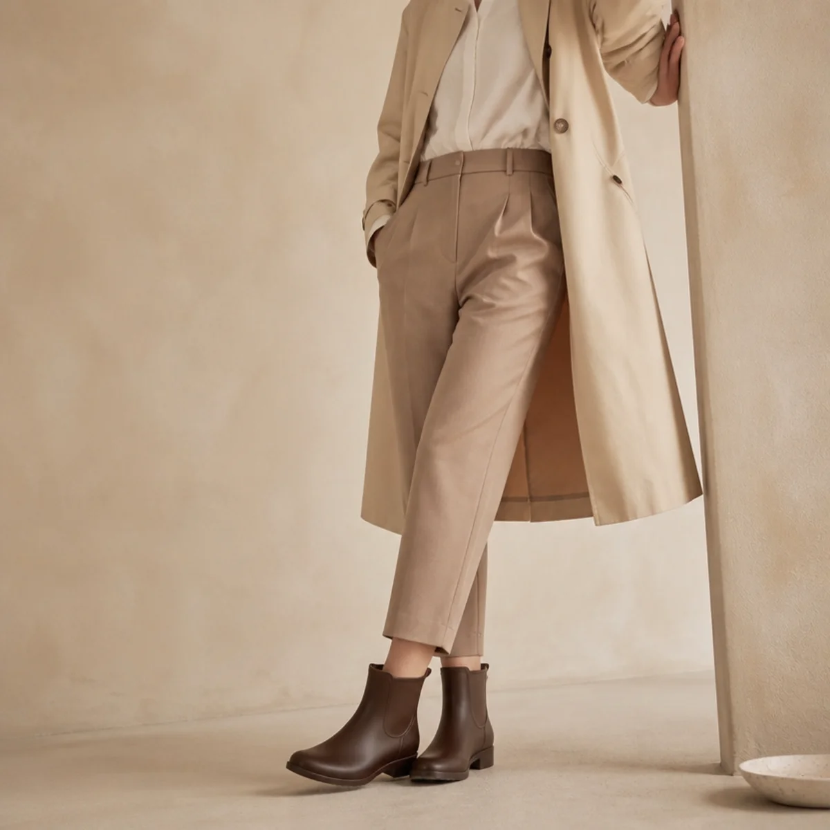 Faceless full-length shot of short rain boots with tailored trousers and a trench