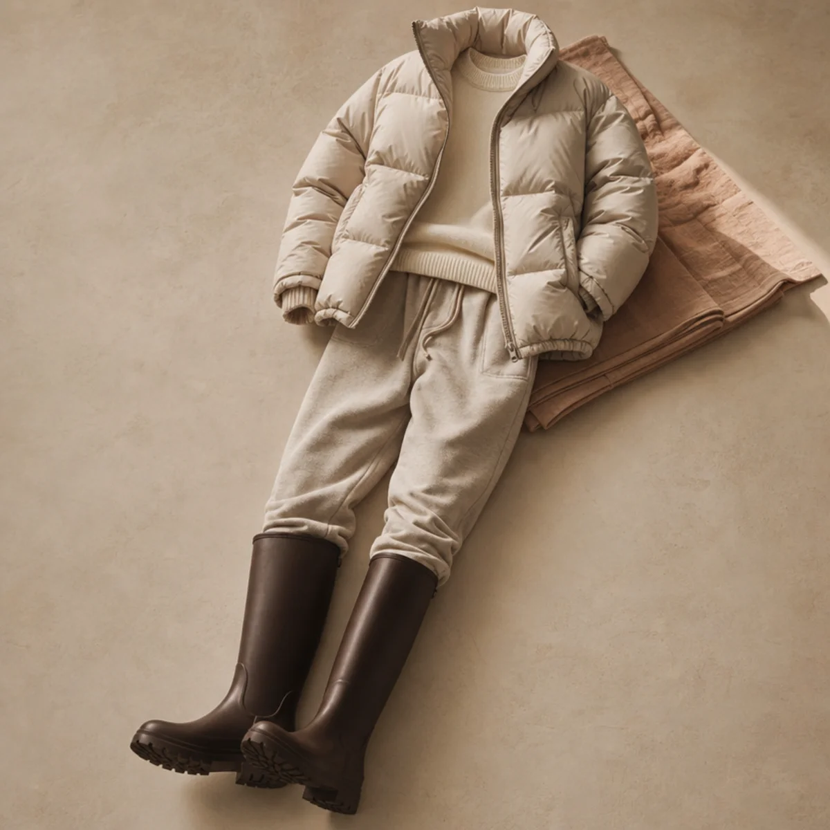 Faceless full-length shot of tall rain boots with joggers tucked in and a puffer jacket