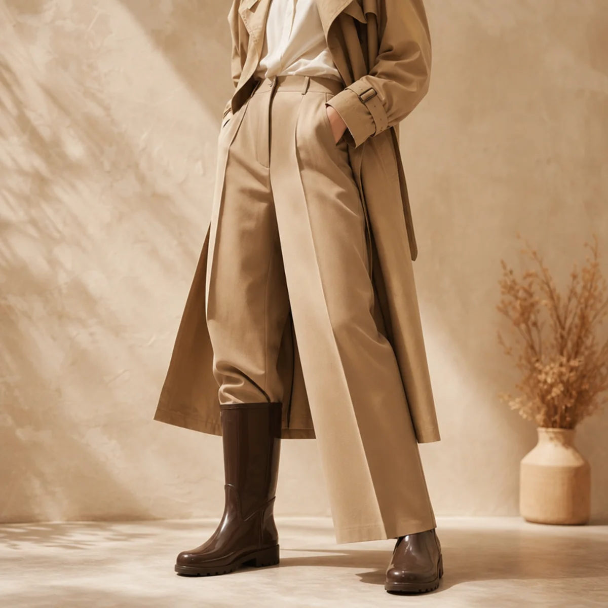 Faceless full-length shot of tall rain boots worn under wide-leg trousers with a trench
