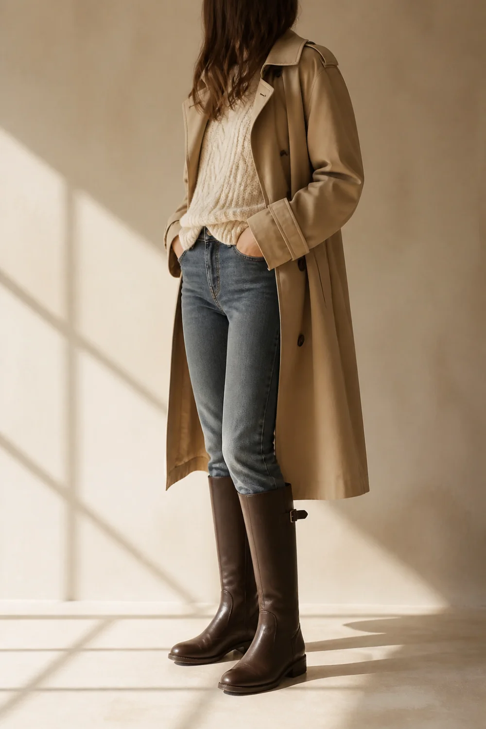 Faceless rain boot outfit with tall boots, jeans and a trench coat