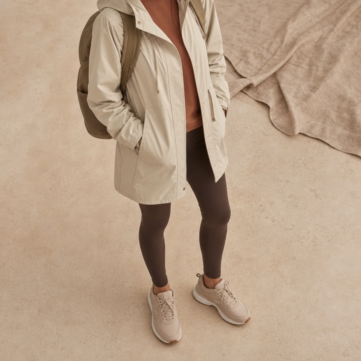 Faceless full-length shot of a hooded raincoat over leggings with water-resistant sneakers and a backpack