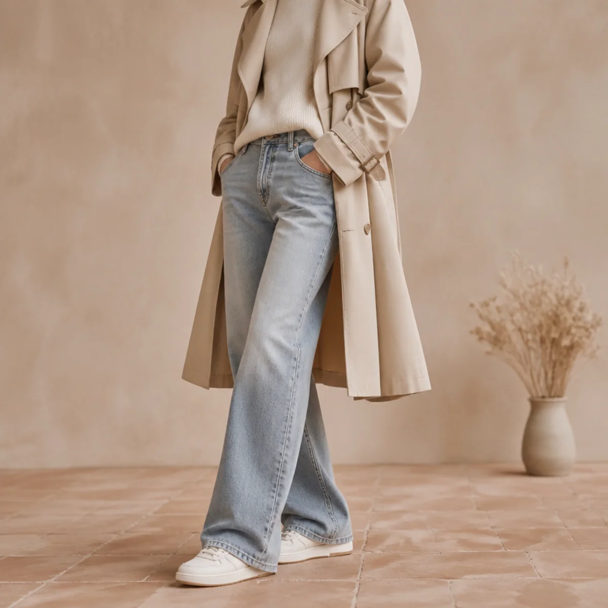 Faceless full-length shot of a trench over jeans with sneakers for a rainy campus day
