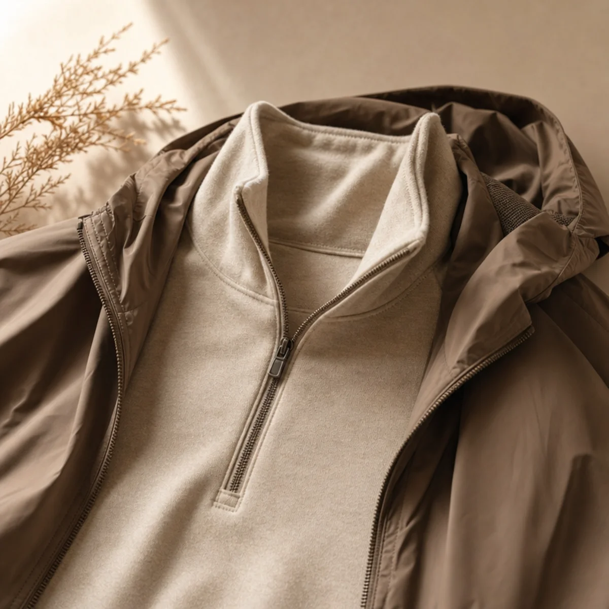Faceless waist-up shot of a fitted quarter-zip pullover with joggers and a rain jacket for campus