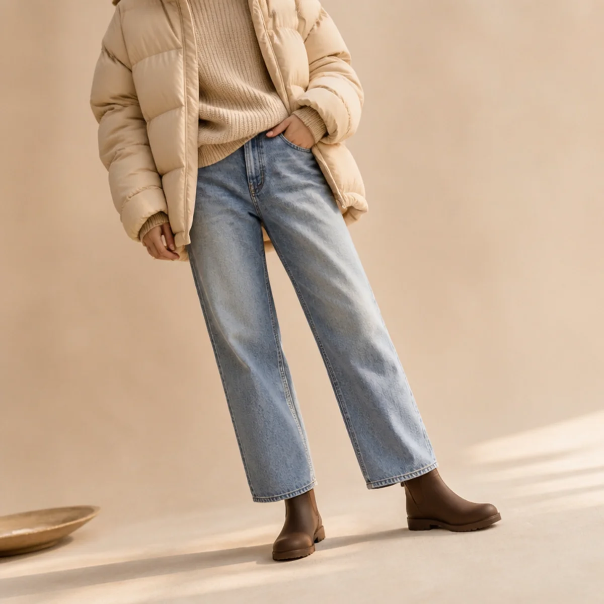 Faceless full-length shot of a puffer jacket over jeans with short rain boots for campus