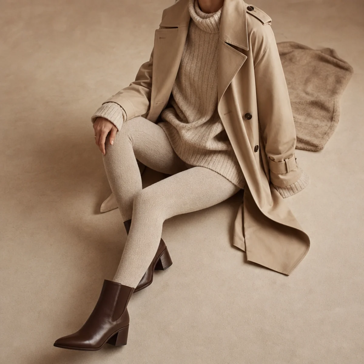 Faceless full-length shot of a knit jumper and leggings under a trench with ankle boots for campus