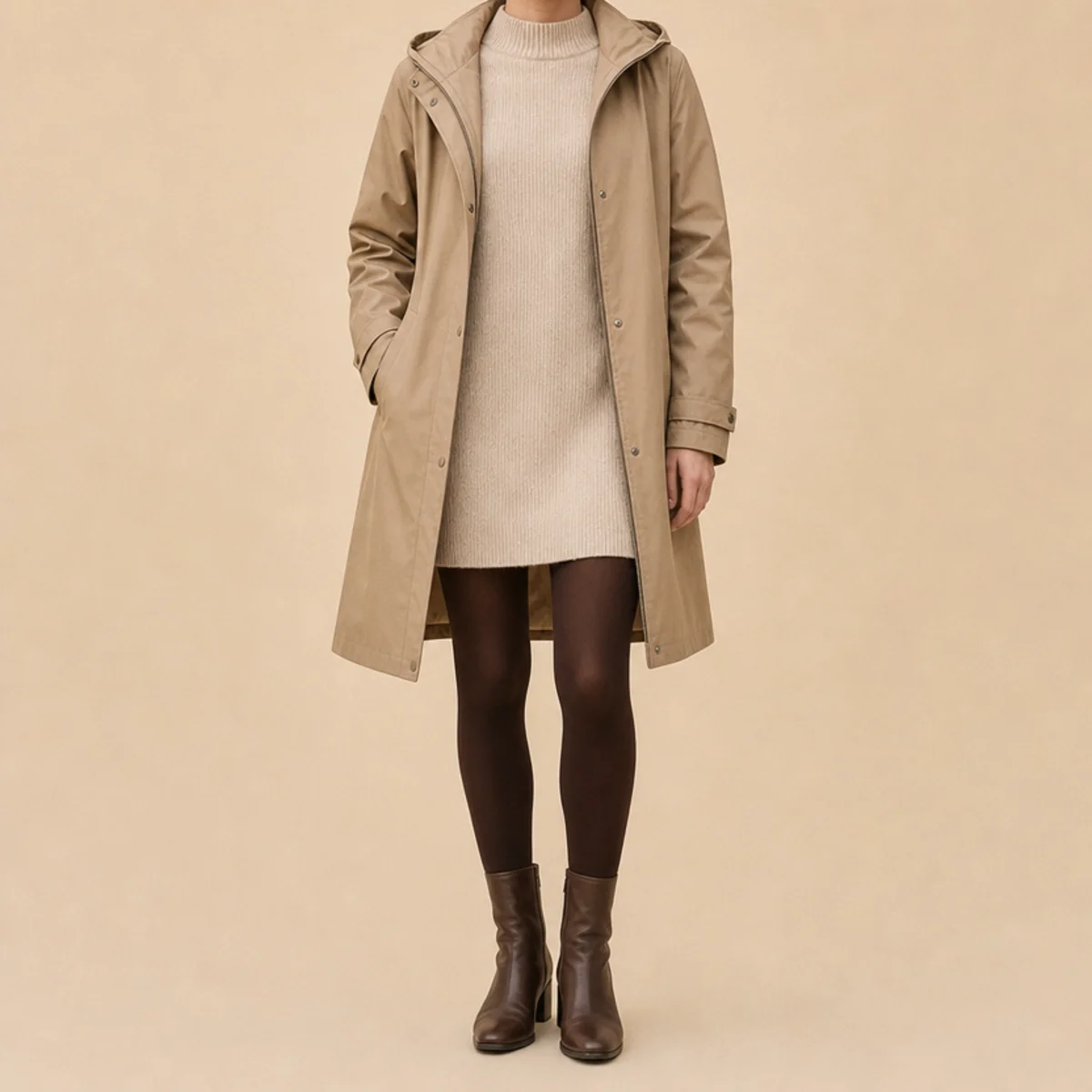 Faceless full-length shot of a raincoat over a sweater dress with tights and ankle boots for campus