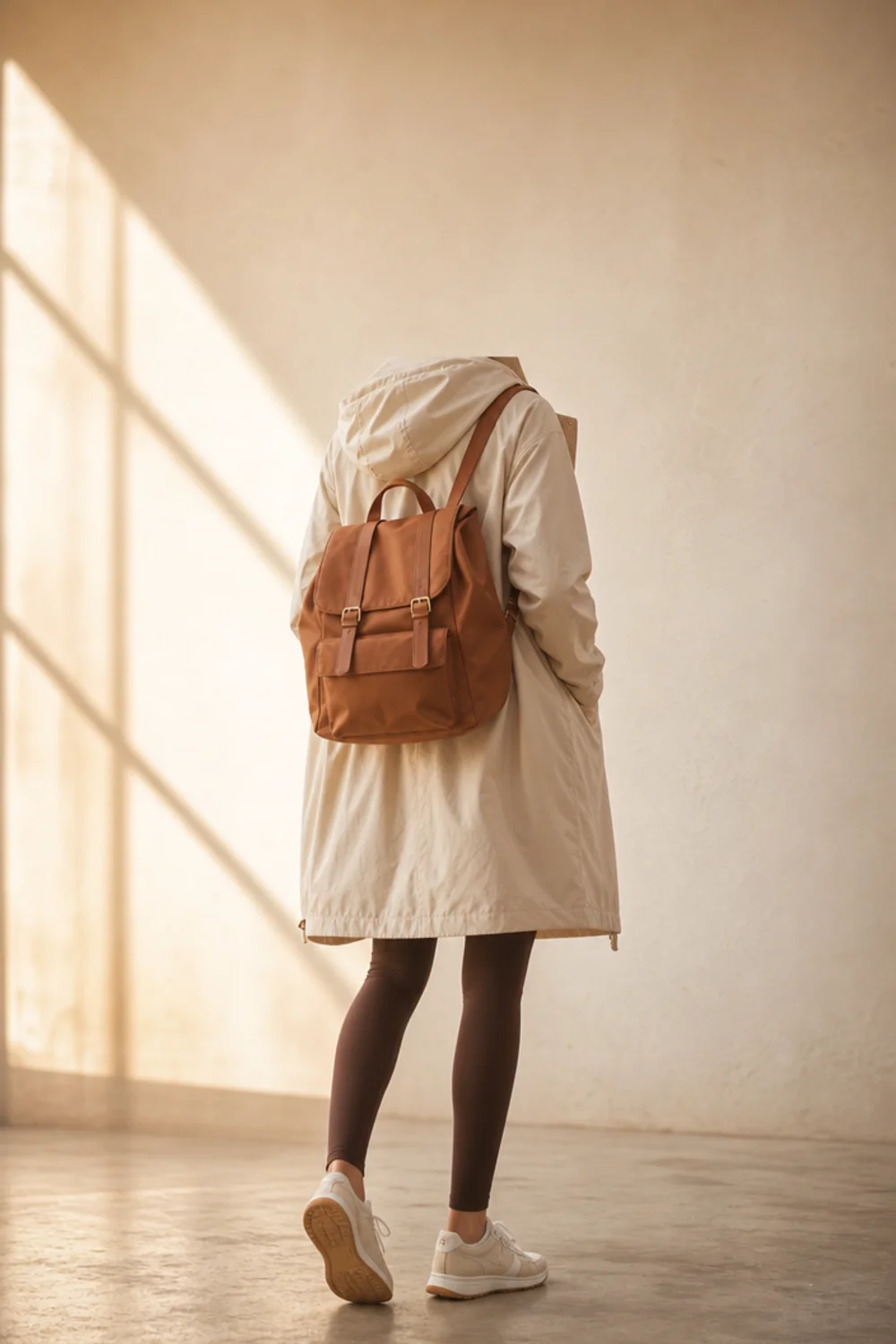 Faceless rainy day college outfit with a hoodie, raincoat and rain boots