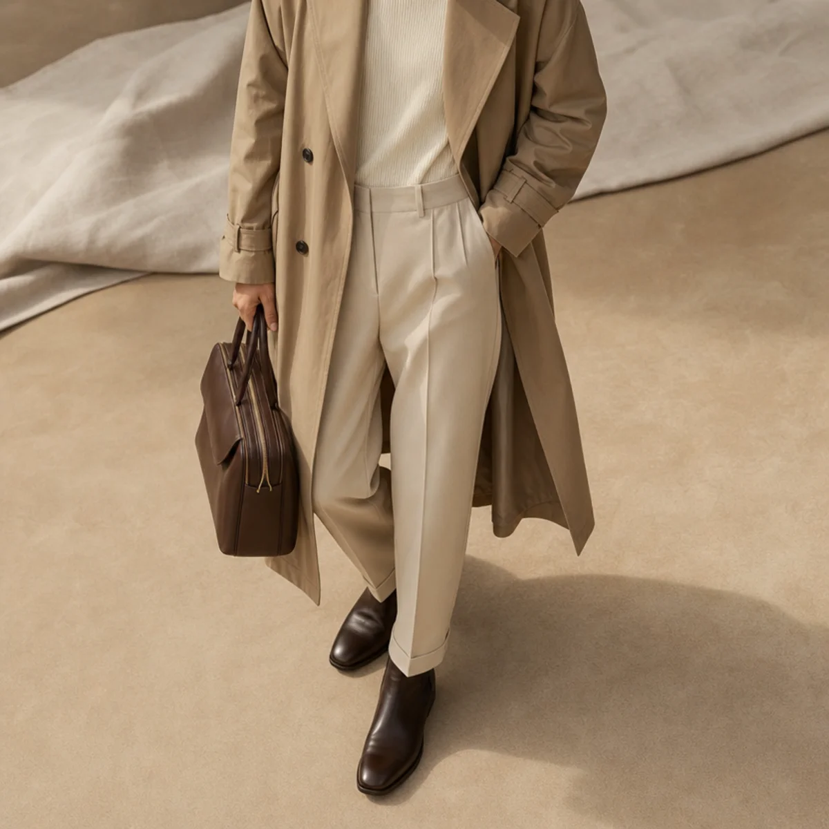 Faceless full-length shot of a trench over tailored trousers with treated leather boots and a structured bag