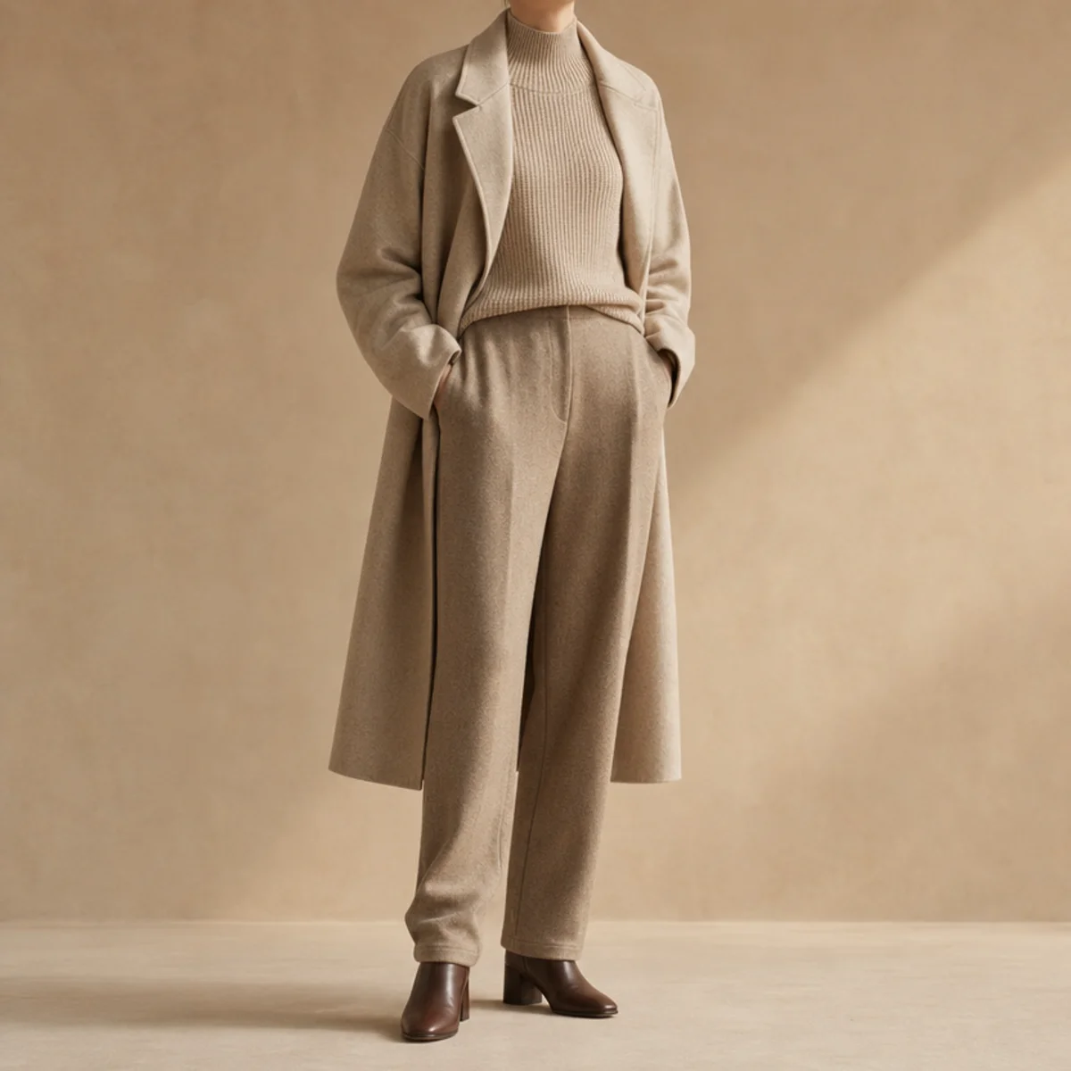 Faceless full-length shot of a long coat over a knit with trousers and boots for commuting