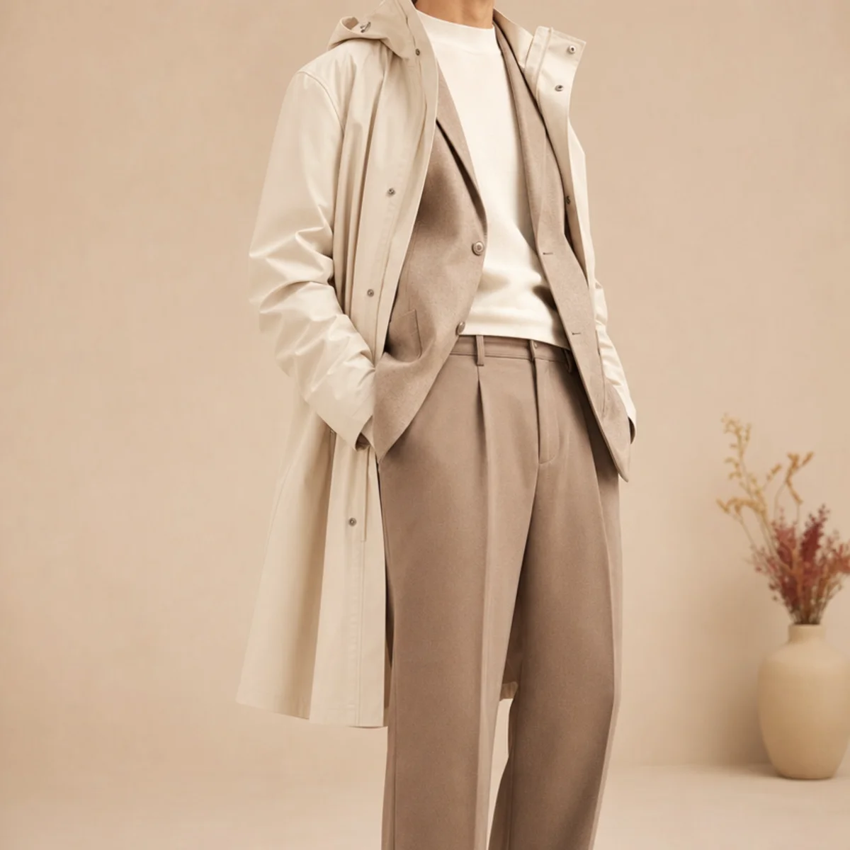 Faceless waist-up shot of a raincoat over a blazer with tailored trousers for commuting