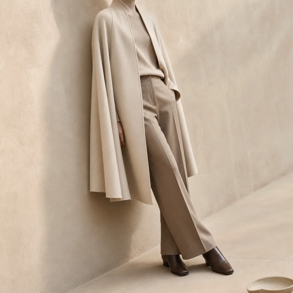 Faceless full-length shot of a cape coat over a knit and trousers with boots for commuting
