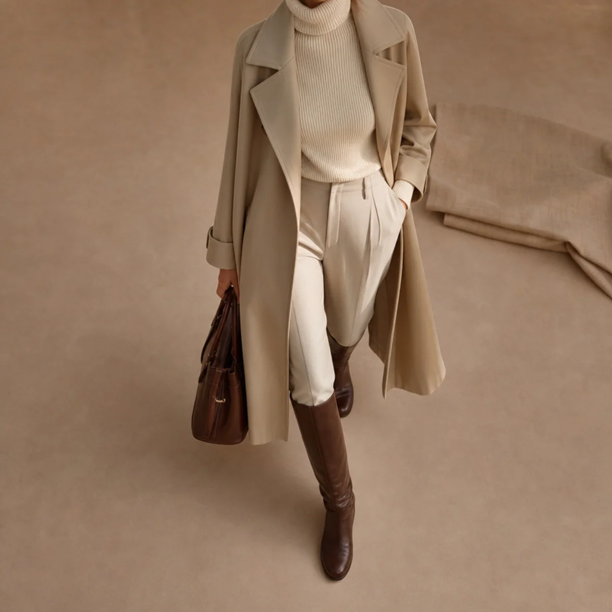 Faceless full-length shot of a trench over a turtleneck with slim trousers tucked into tall boots for commuting