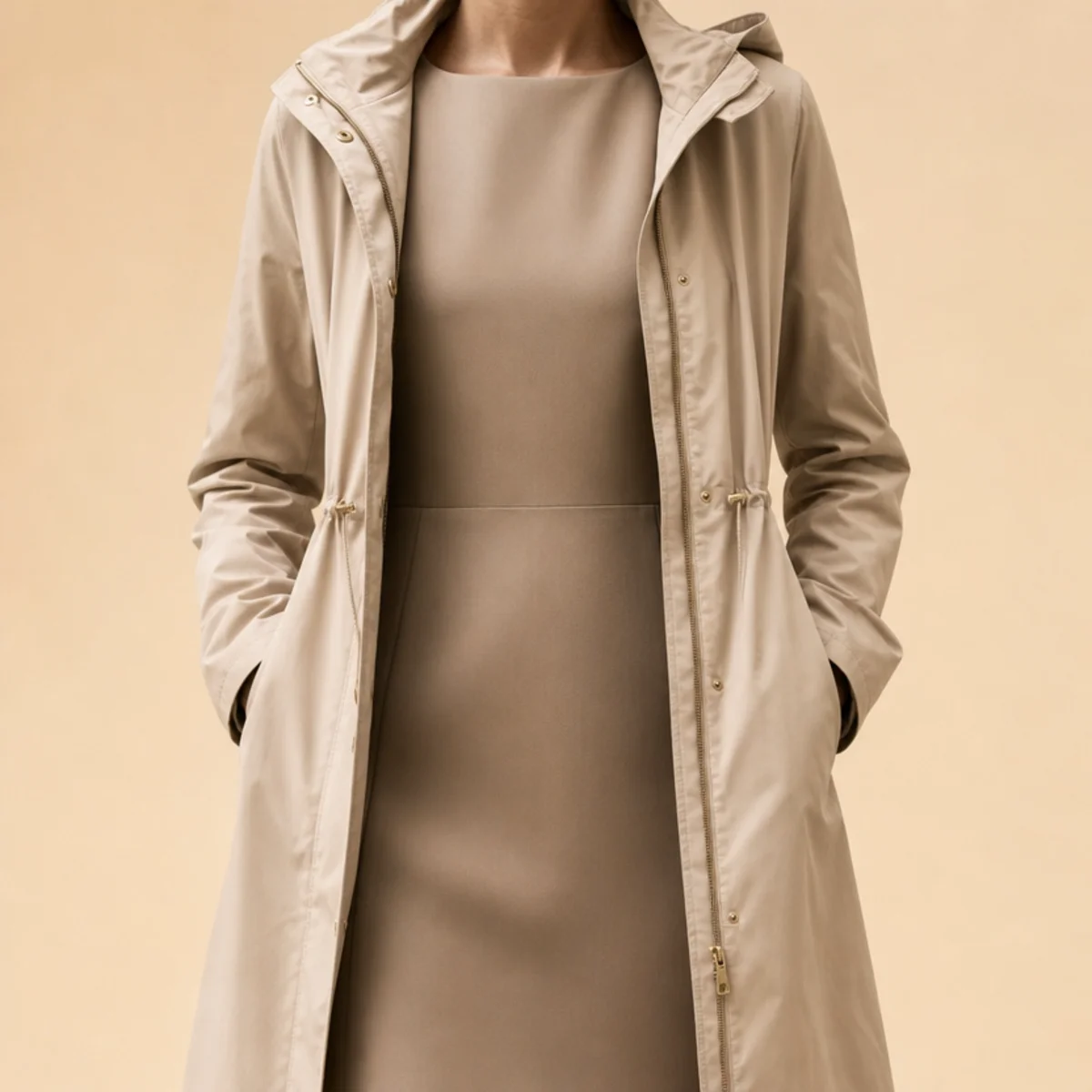 Faceless waist-up shot of a packable rain coat over a work dress for commuting
