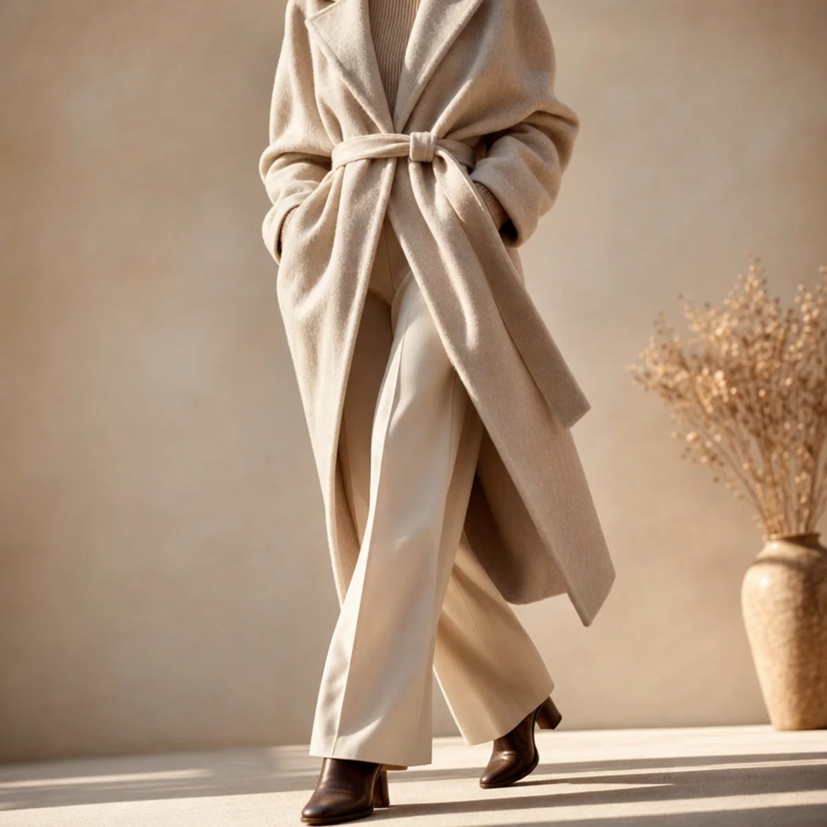 Faceless full-length shot of a belted coat over a knit with wide-leg trousers and boots for commuting