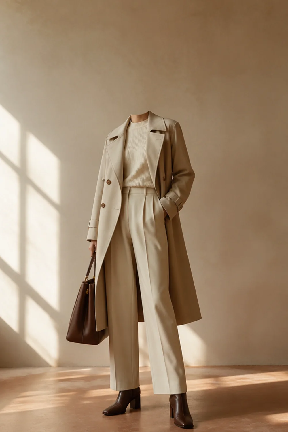 Faceless rainy day commute outfit with a trench, trousers and treated boots